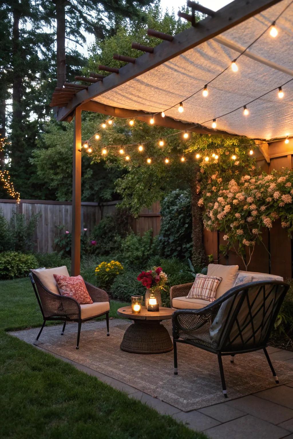 Overhead canopies of lights create a cozy and intimate atmosphere.