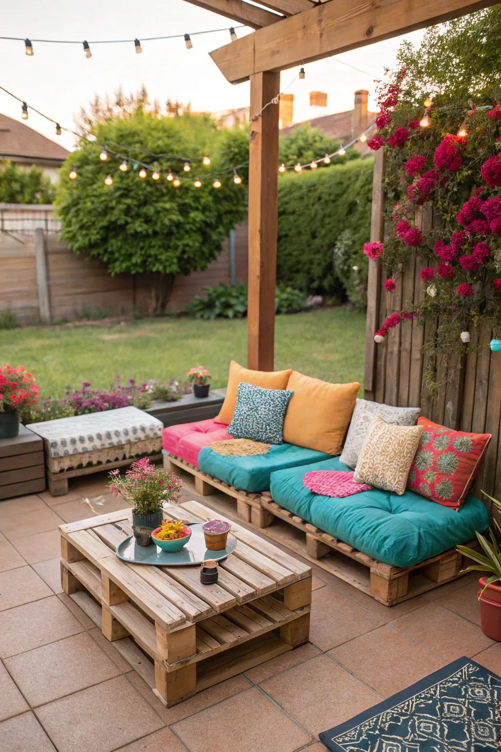 Pallets transformed into comfy seating with colorful cushions.