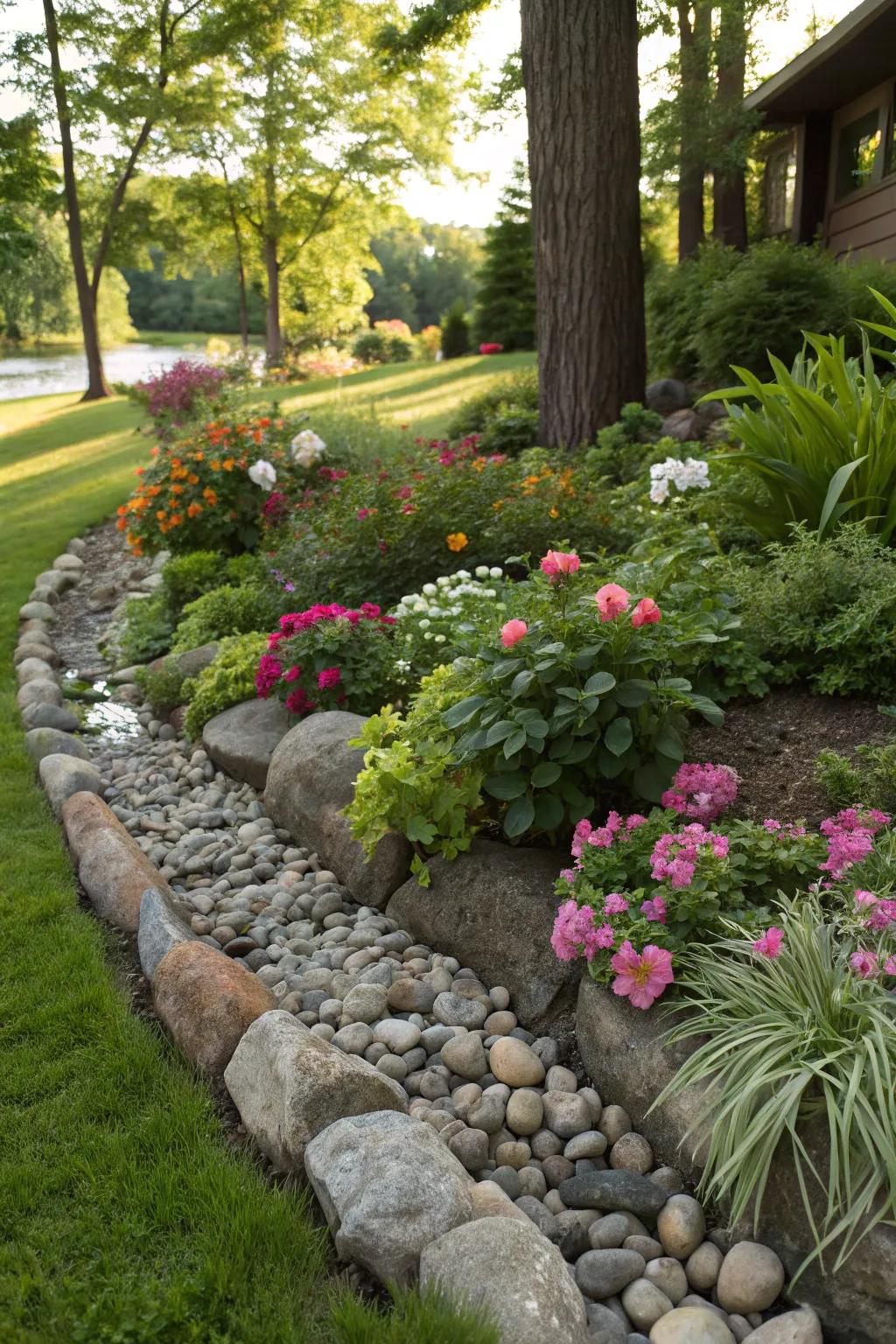 River rock borders offer clean, defined edges.