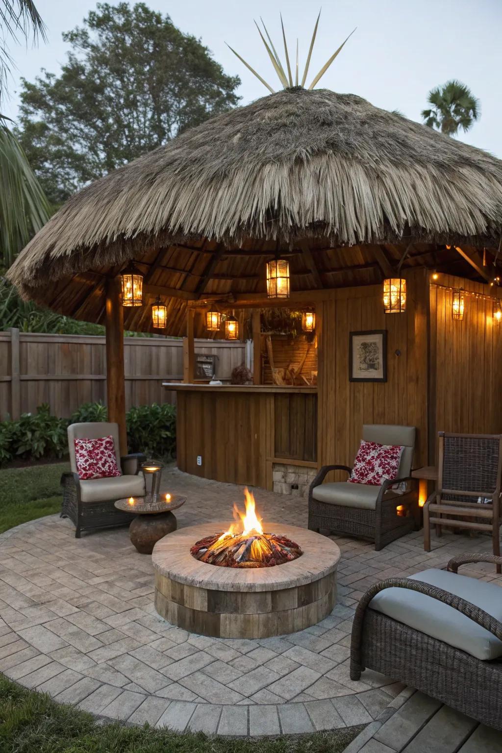 A blazing pit brings both heat and a social point to your tiki hut.