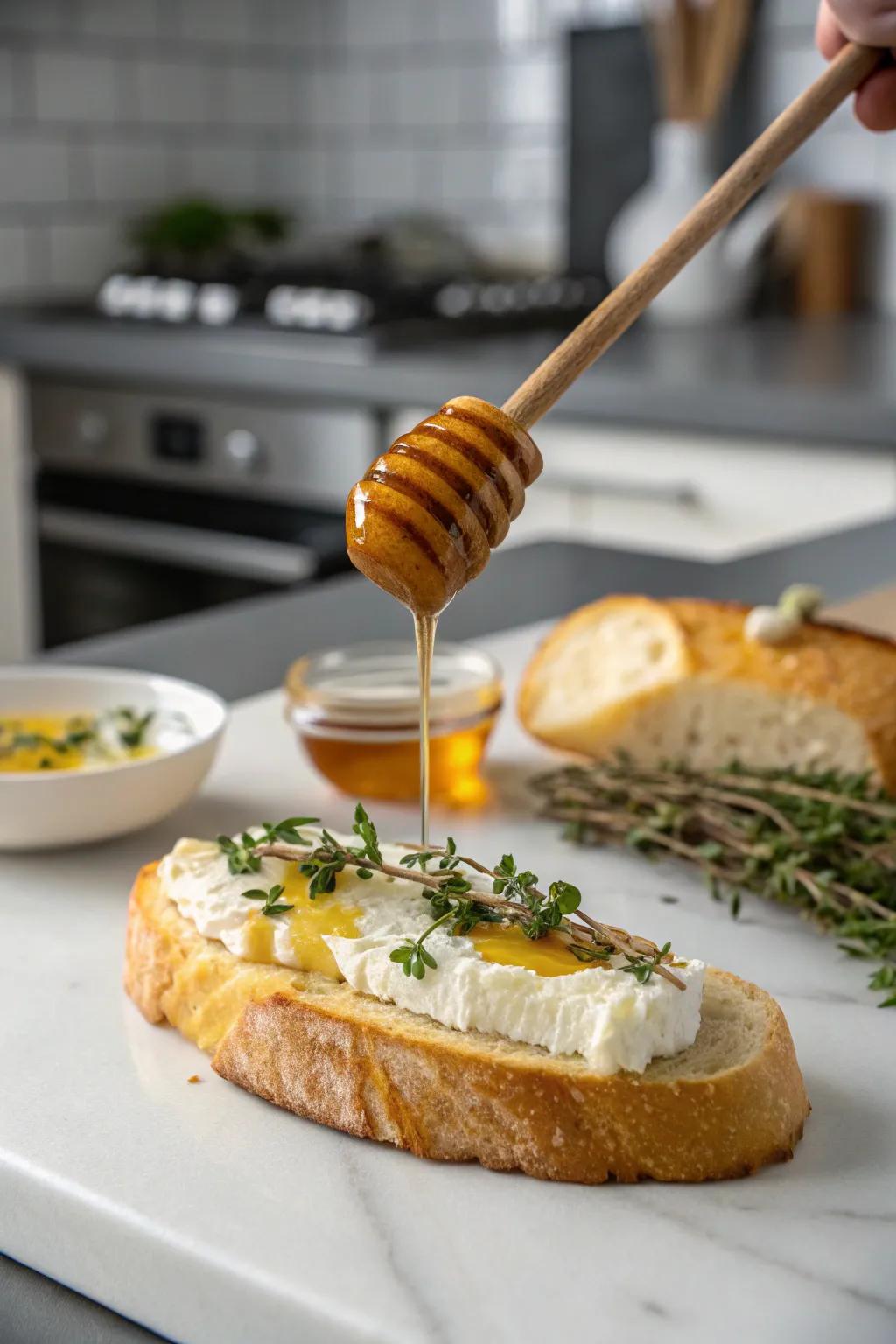 Goat cheese and honey on a baguette, exhibiting an ideal fusion of tangy and sweet.
