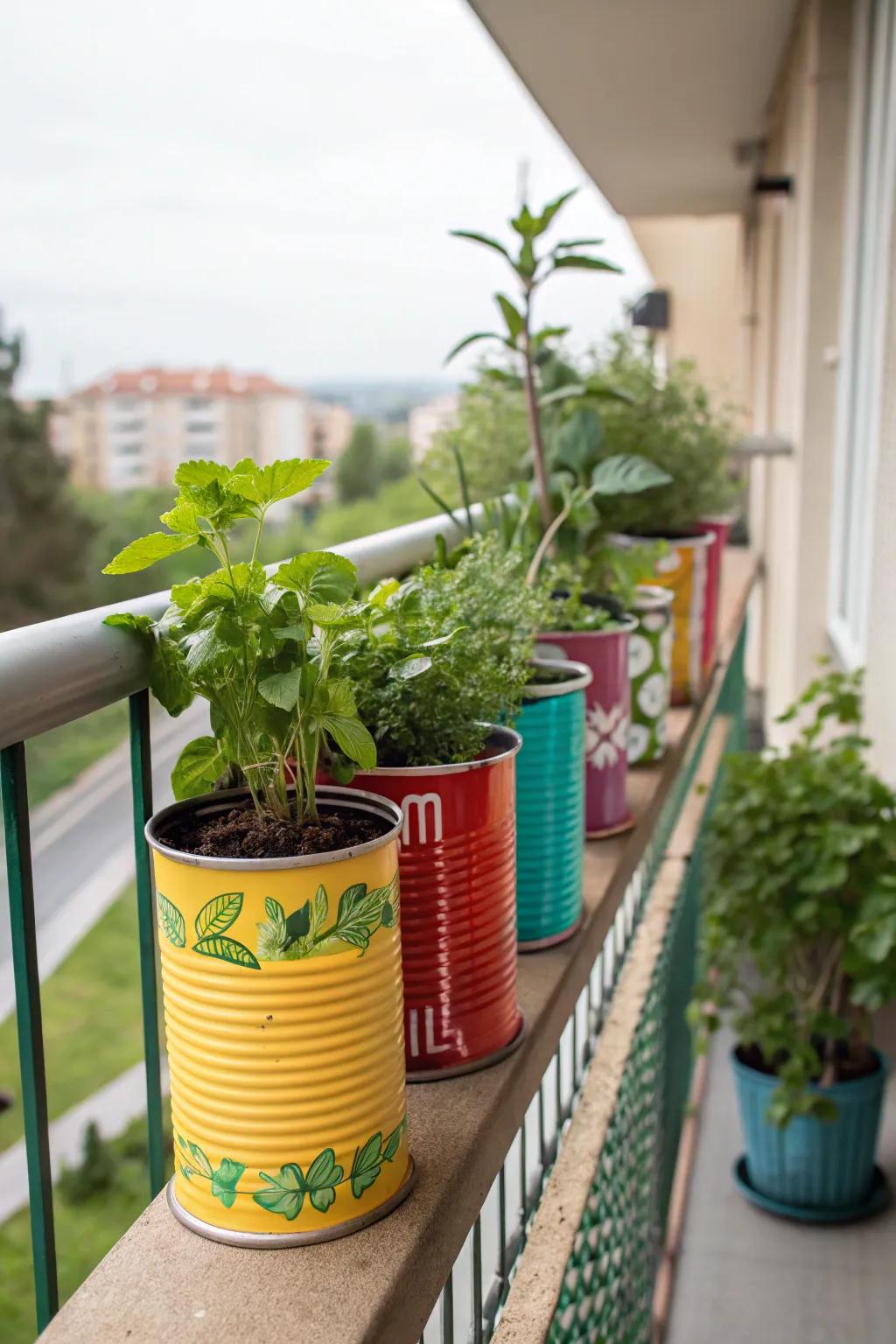 Upcycled metal containers are quirky and eco-friendly herb gardens.