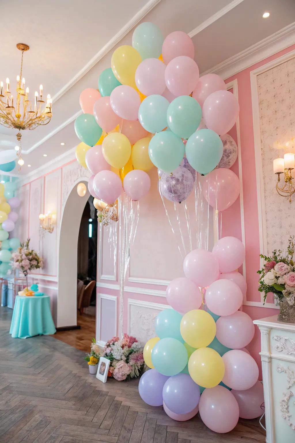A blend of bright and pastel balloons enhances playful sophistication.