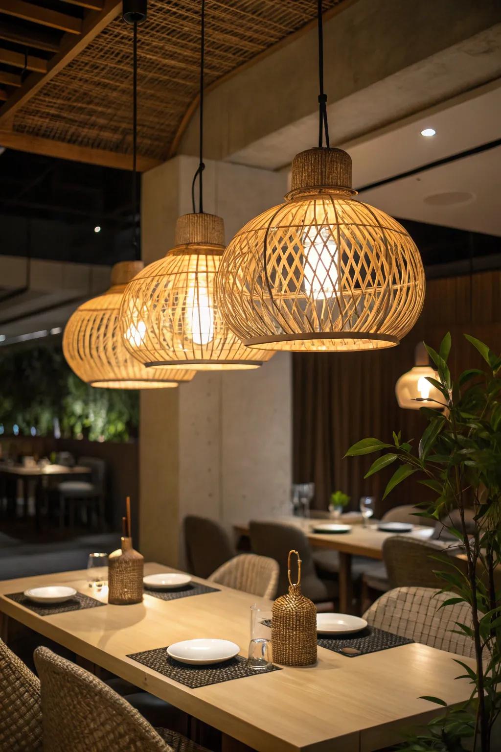 Bamboo droplights over a dining table