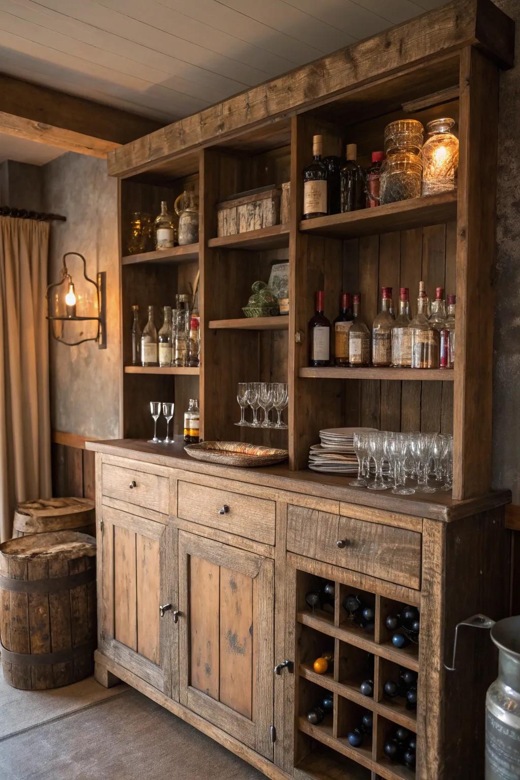 Comfort and beauty combine in a rustic wooden bar cabinet.