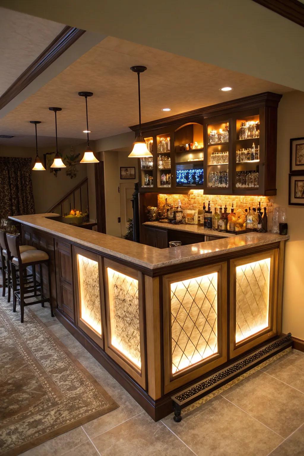 Backlit panels fashion a captivating and refined bar setting.