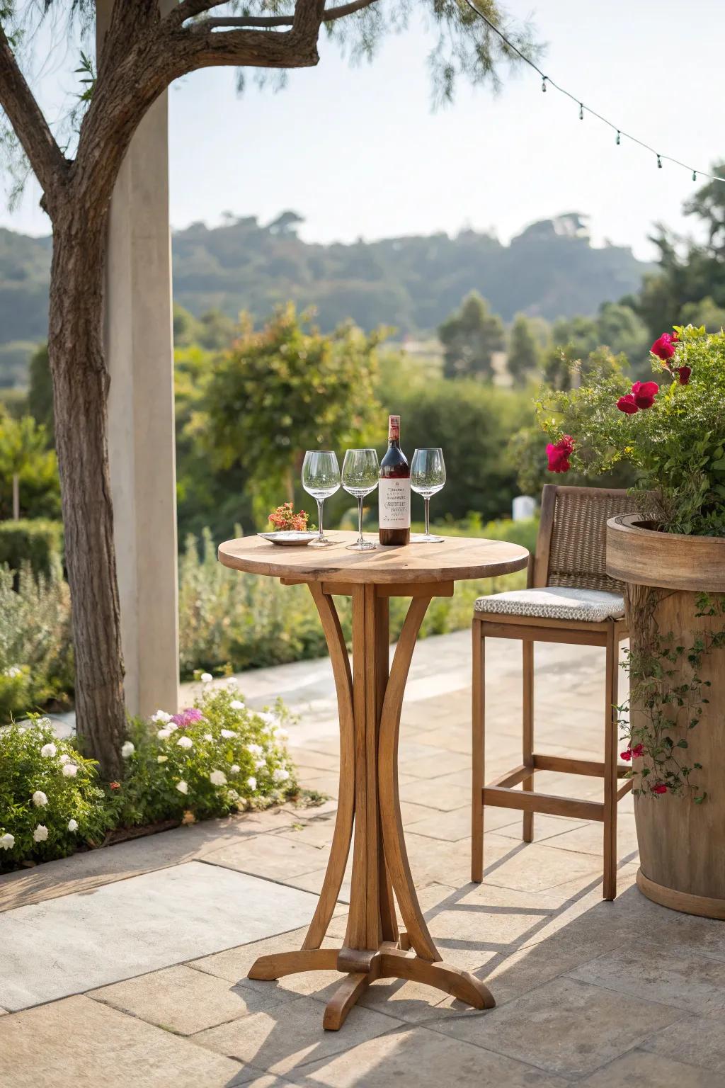 Weather-resistant bar table ideal for open-air environments.