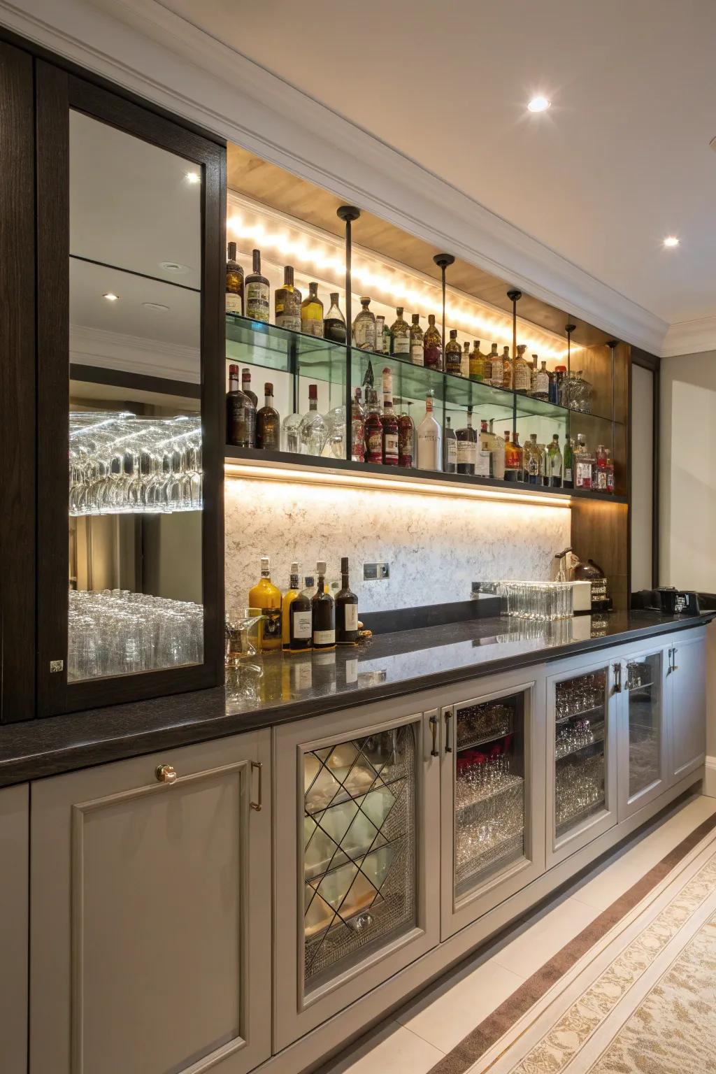 Mirrored surfaces introduce depth and a dash of elegance to your bar space.