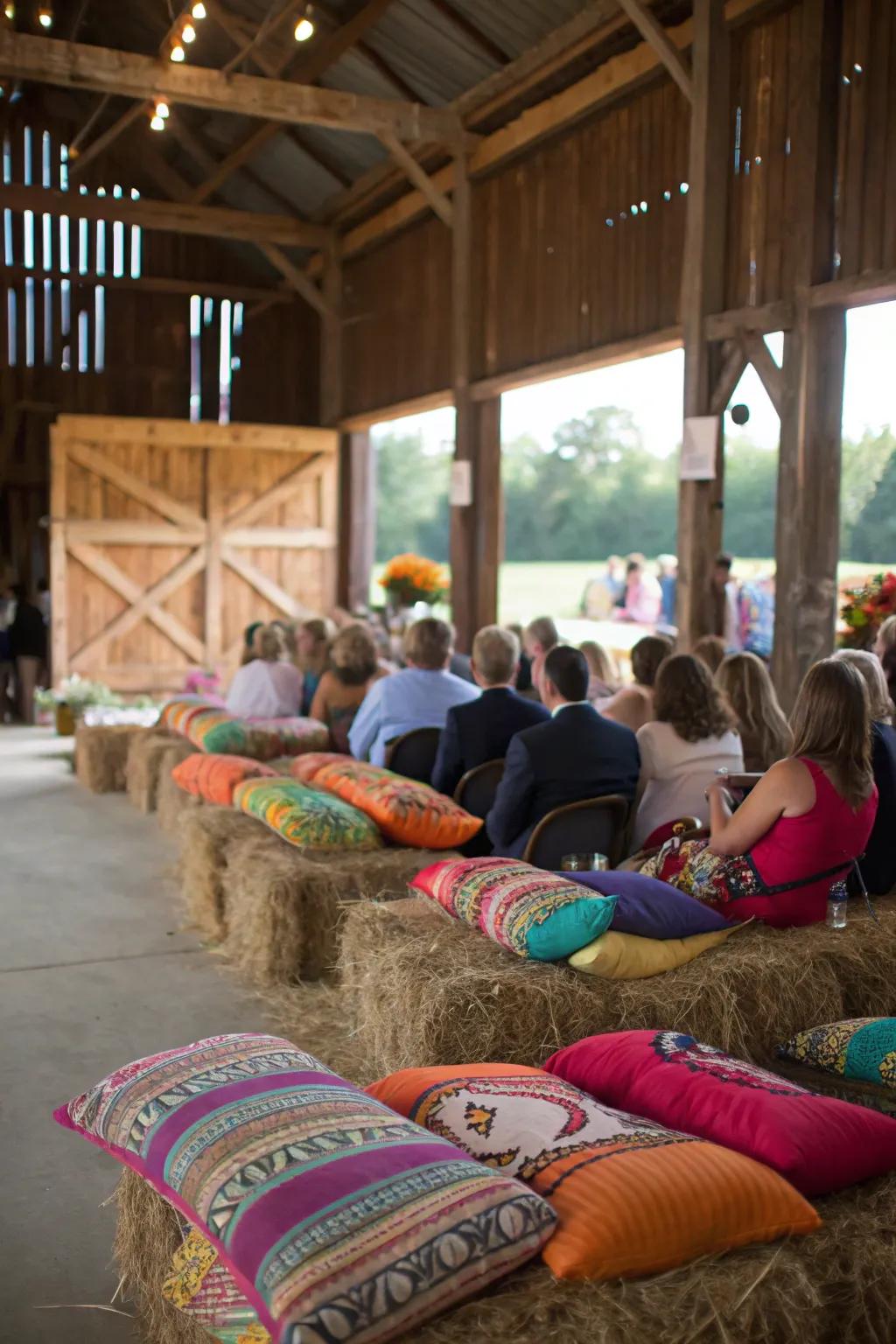 Straw bales provide laid-back and comfortable seating possibilities.