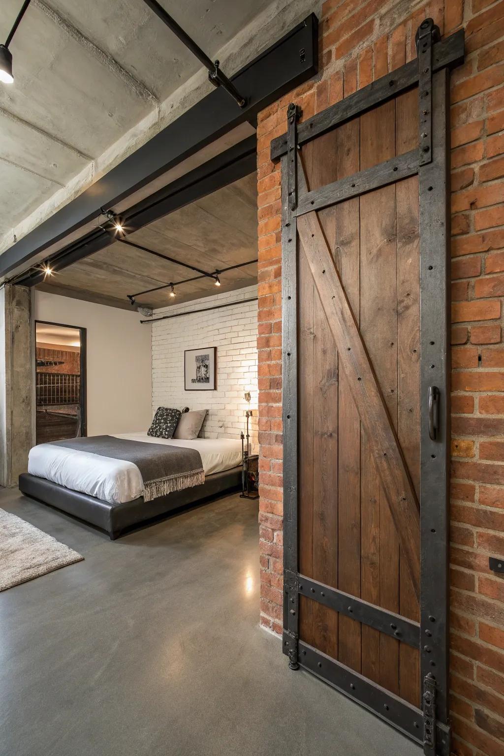 A factory-style bedroom showcases a stable door with metal accents.