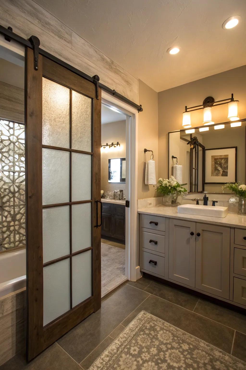 Blurred glass sections contribute a sophisticated touch while sustaining privacy.