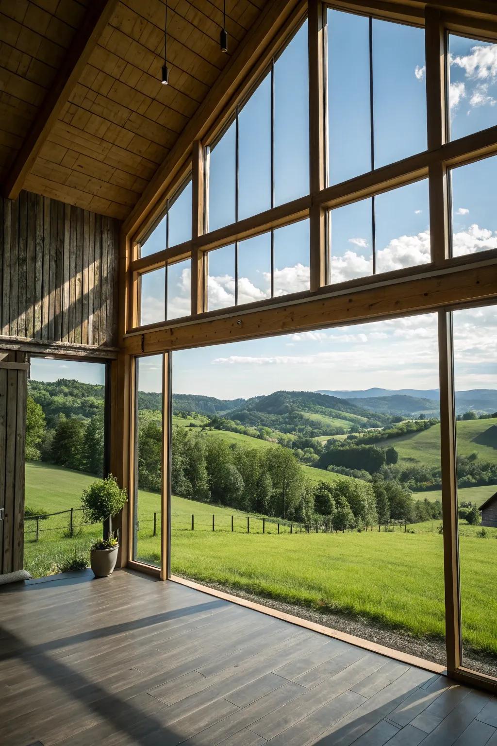 Extensive window openings that flood the area with natural light and present breathtaking scenery.