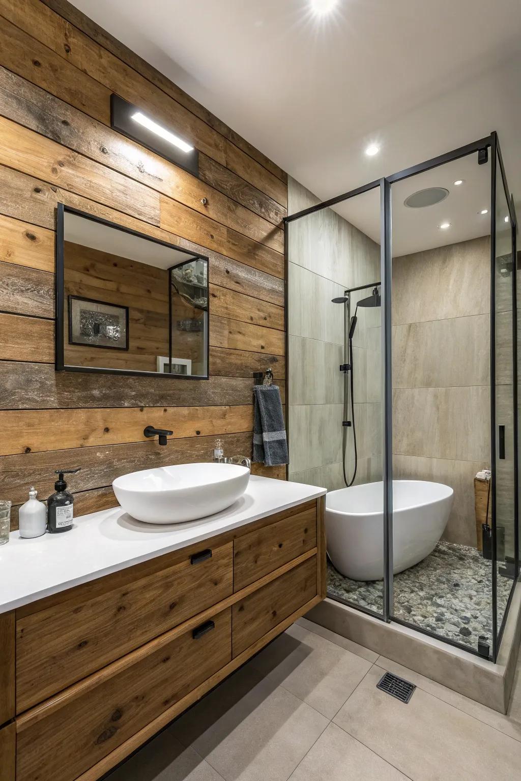 A barnwood wall adding allure to a modern bathroom.