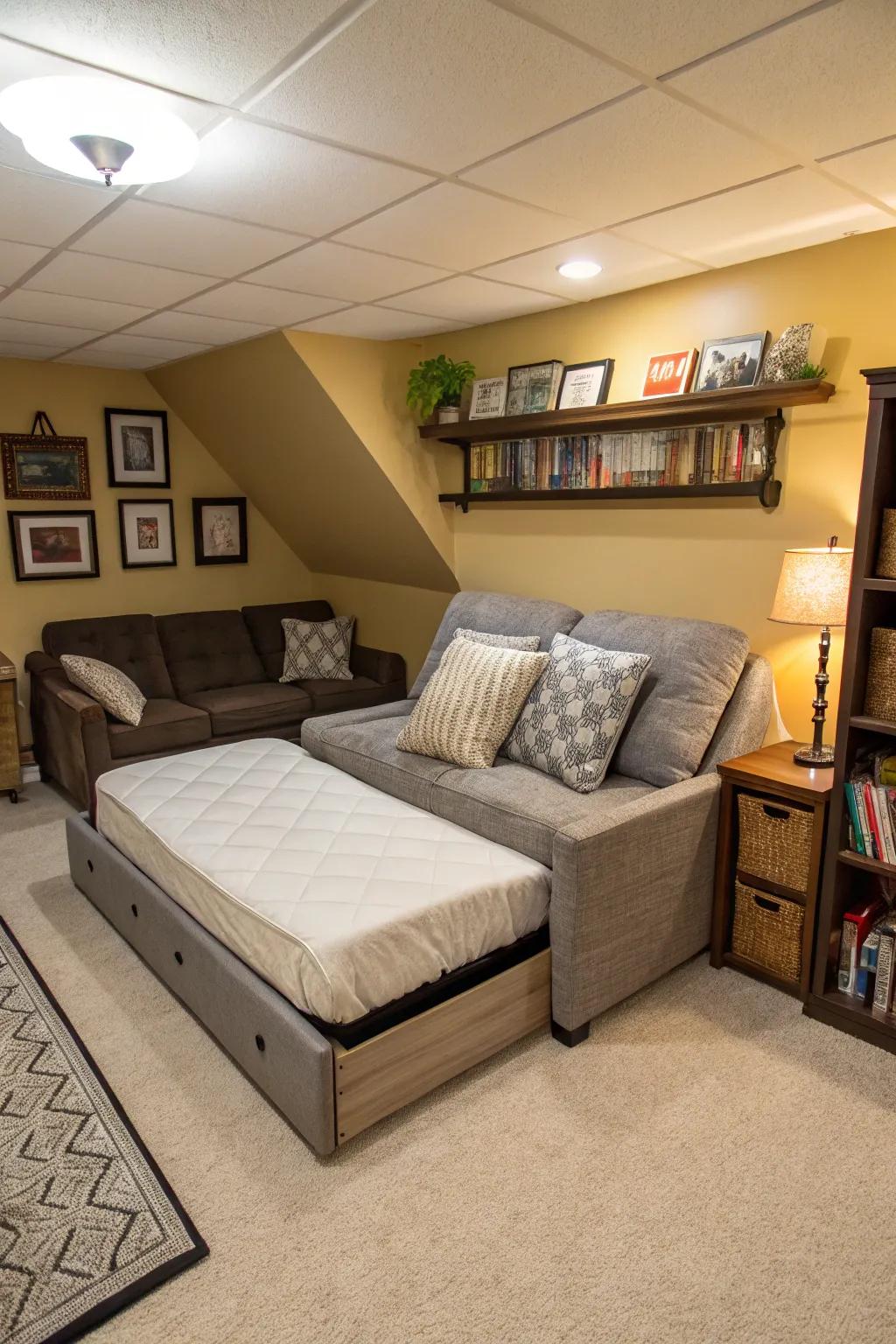 A bed with built-in storage and a modular sofa maximize area in this budget-conscious basement bedroom.