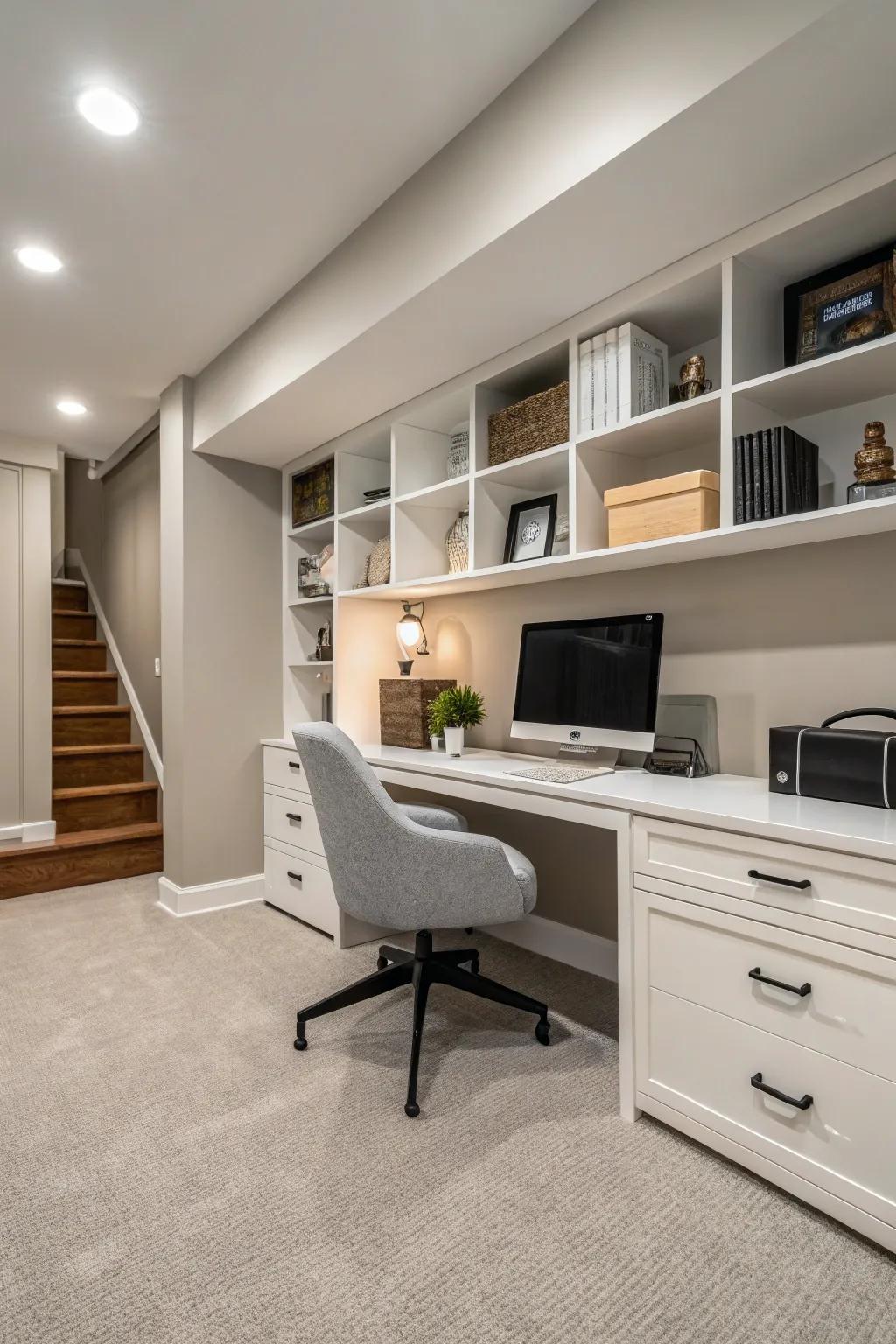 Your basement office will be serene and well-organized because to the use of minimalist furniture.