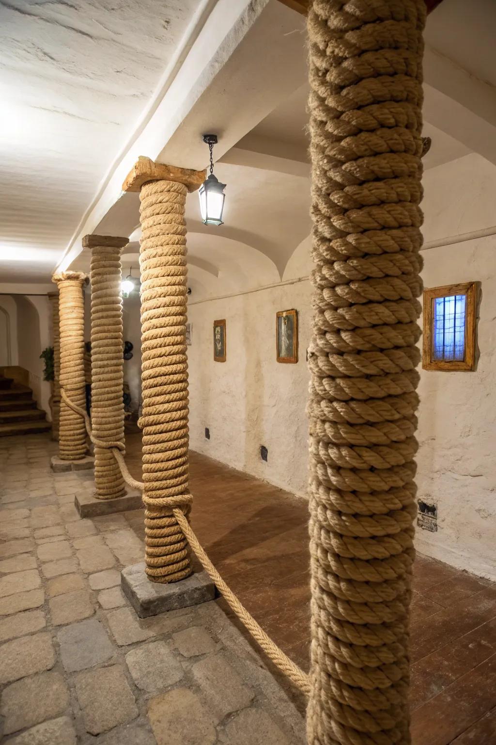Textured twine wraps add a unique touch to basement posts.