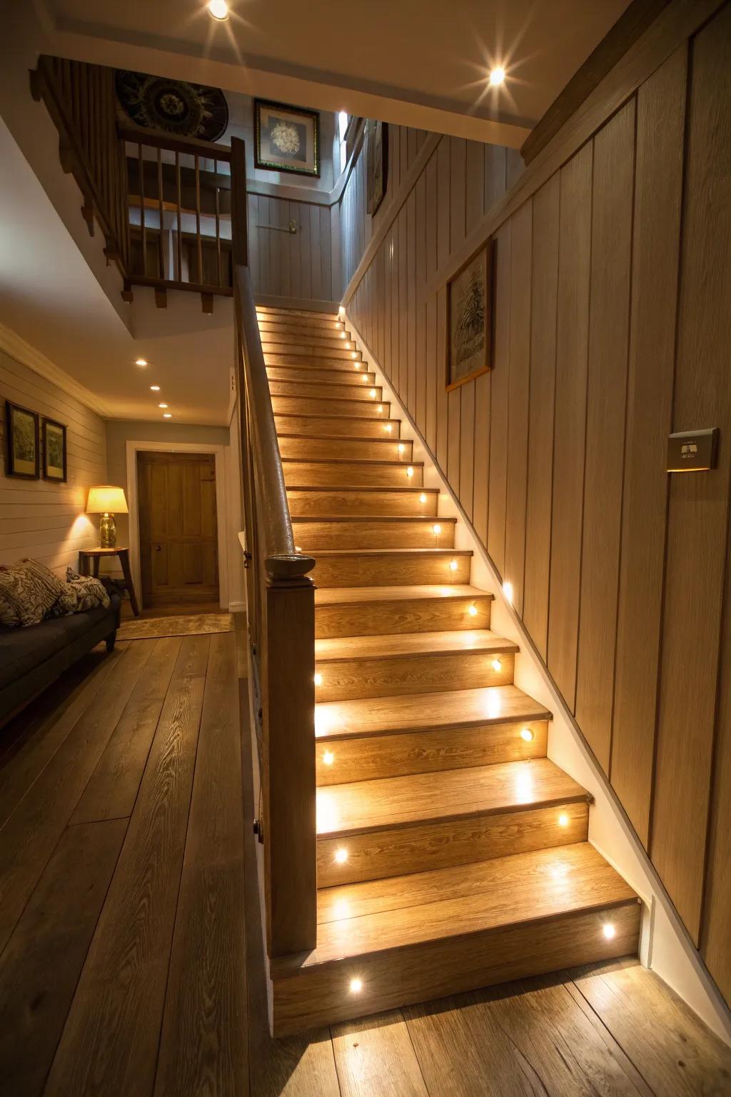 With ambient built-in lighting, illuminate your basement stairs.