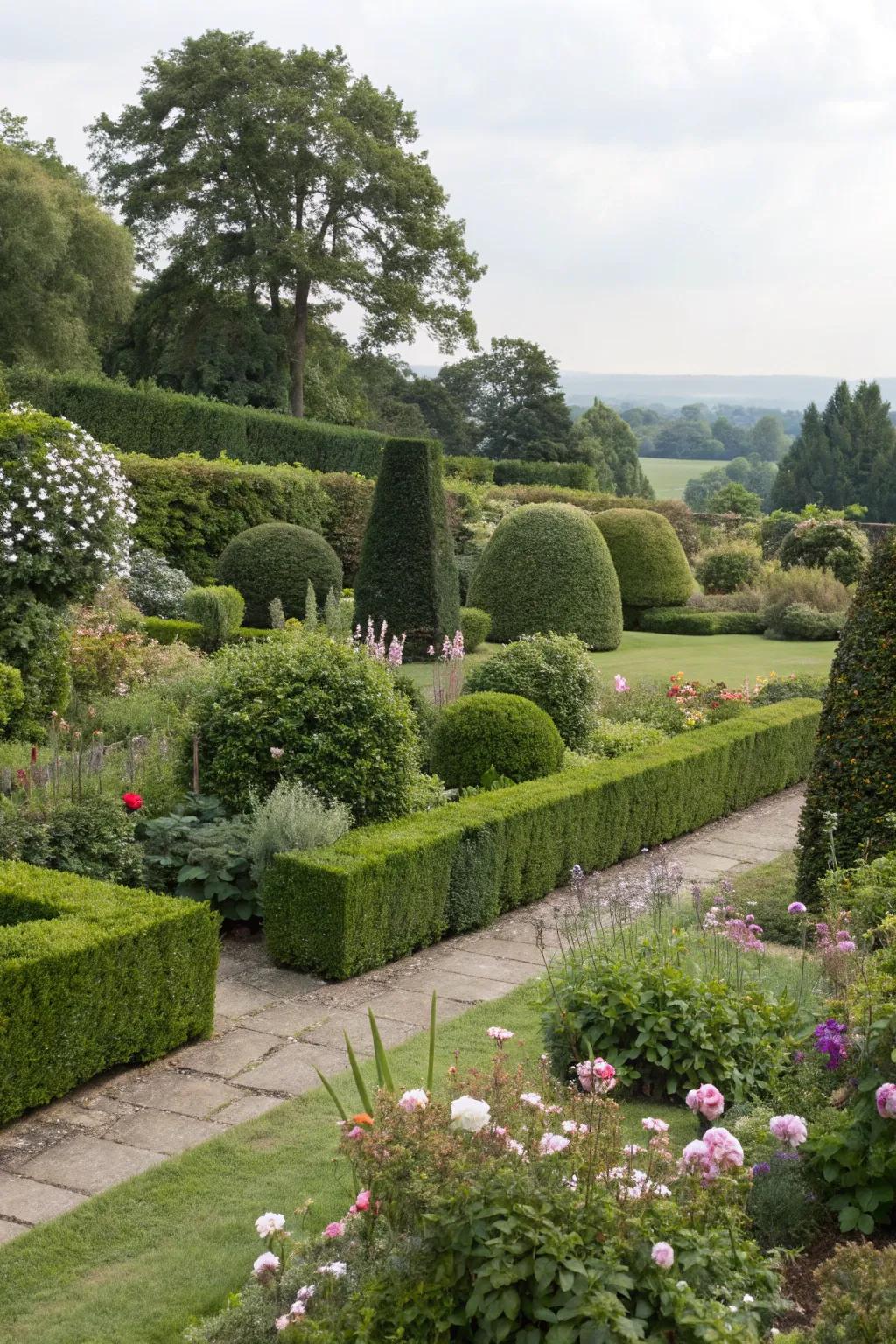 Bushes and shrubs provide framework and privacy.