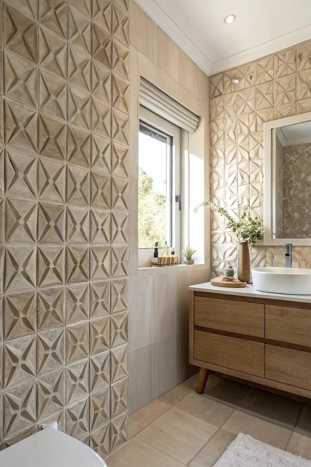 Grained mosaics generate a kinetic and captivating backdrop in any bathroom.
