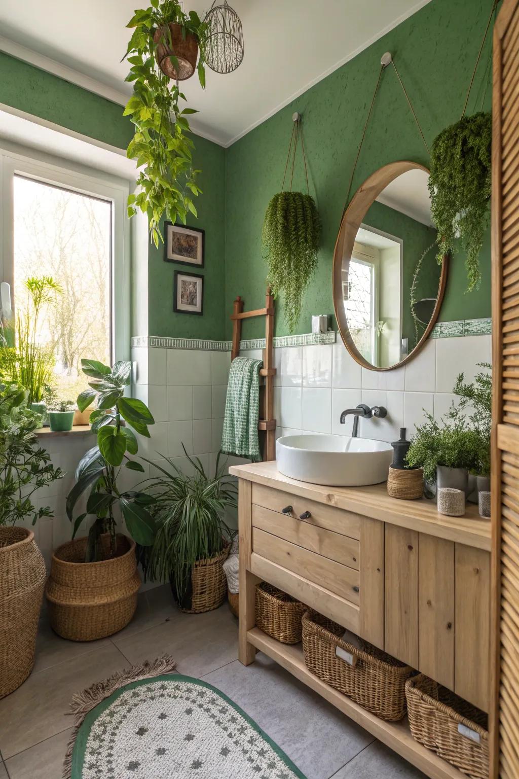 A nature-inspired bathroom featuring vibrant green walls.