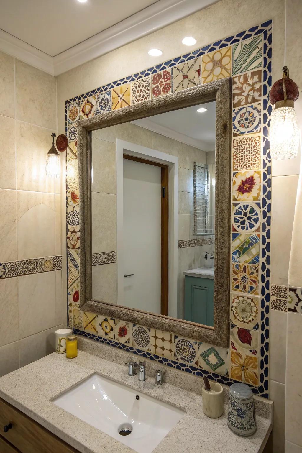 Mosaic trims transform mirrors and vanities into standout features.