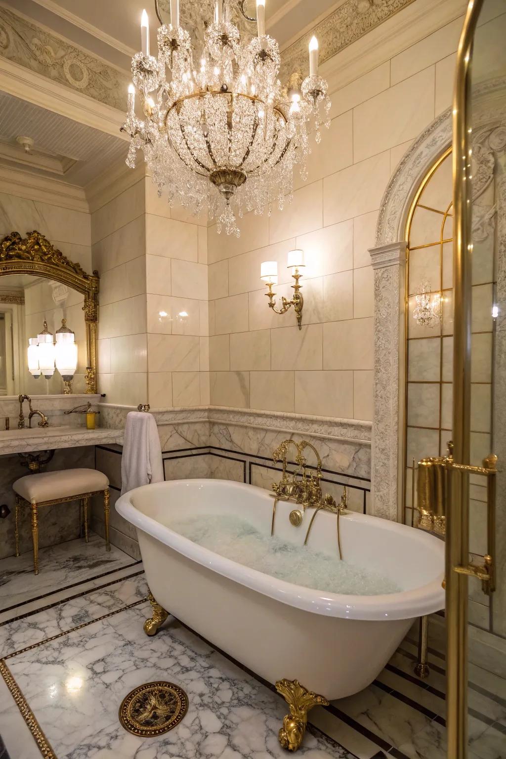 A chandelier suspended above the bathtub contributes a glamorous touch to this washroom.