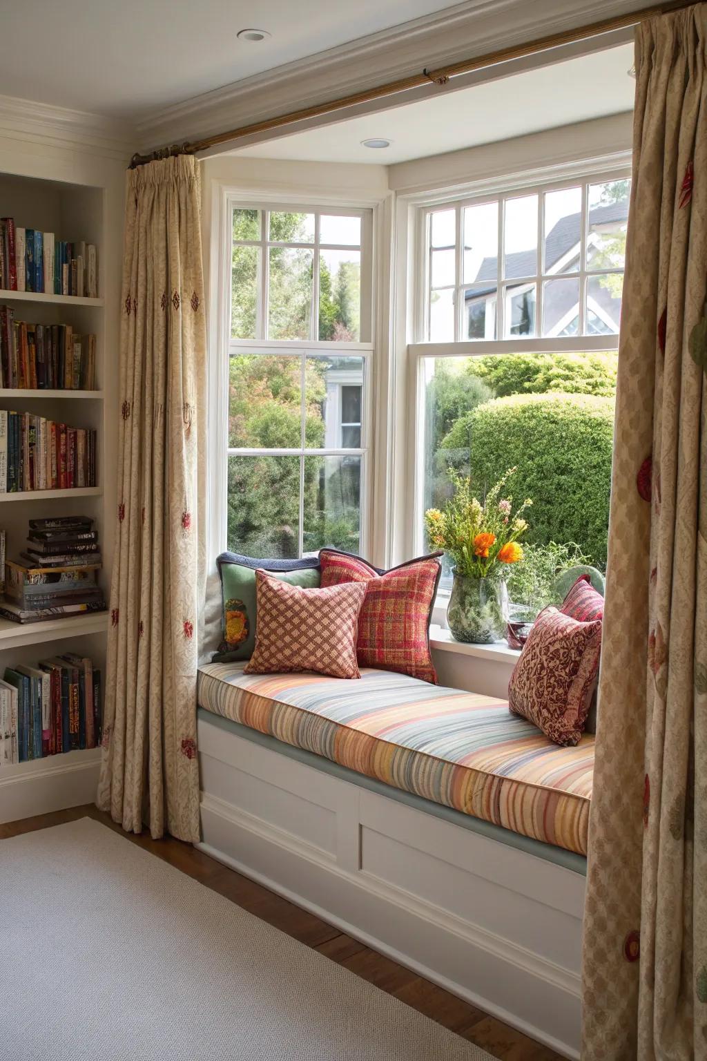 Forge a snug nook with integrated seating and harmonizing curtains.