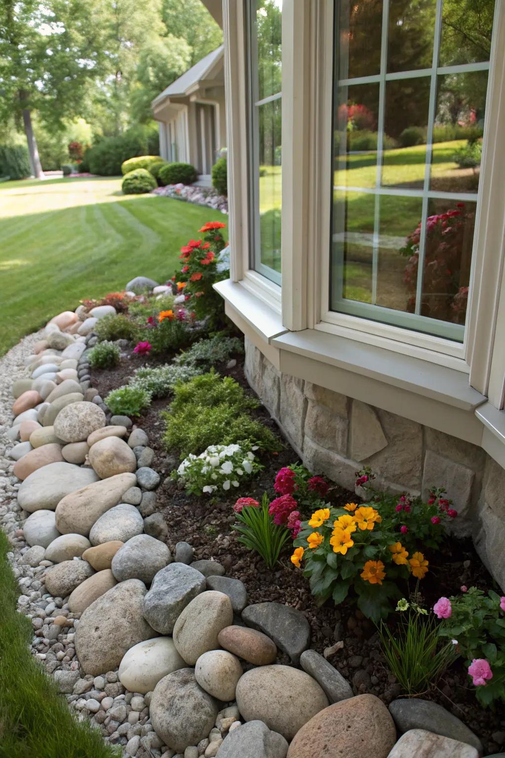 Stones creating a textured edge in a bay window garden.