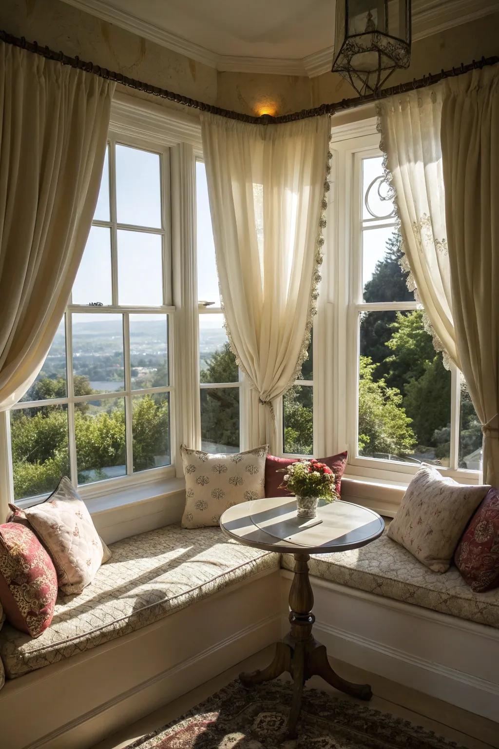 Soft window dressings mold a welcoming seating niche.