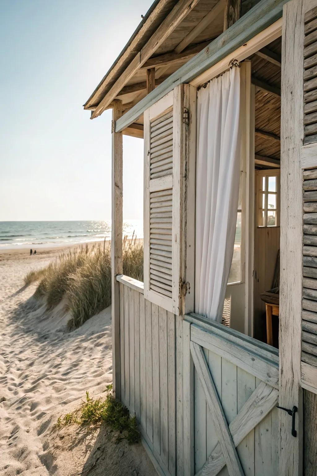 External louvres invite a coastal breeze into the seaside outbuilding.