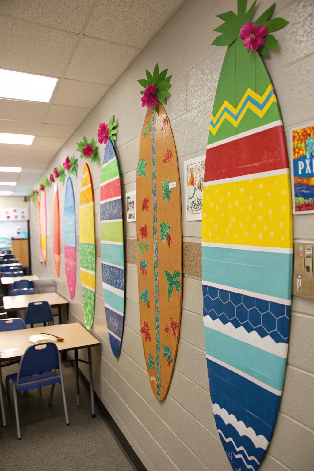 Inventive bespoke surfboard decoration introduces a burst of color and amusement to the classroom walls.