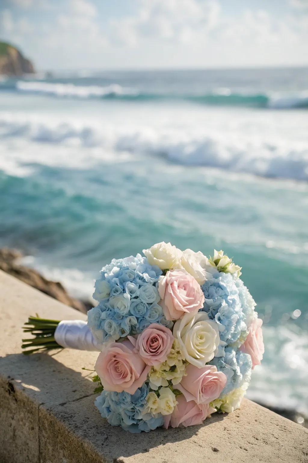 A posy in subdued tones radiating romance at the seaside.