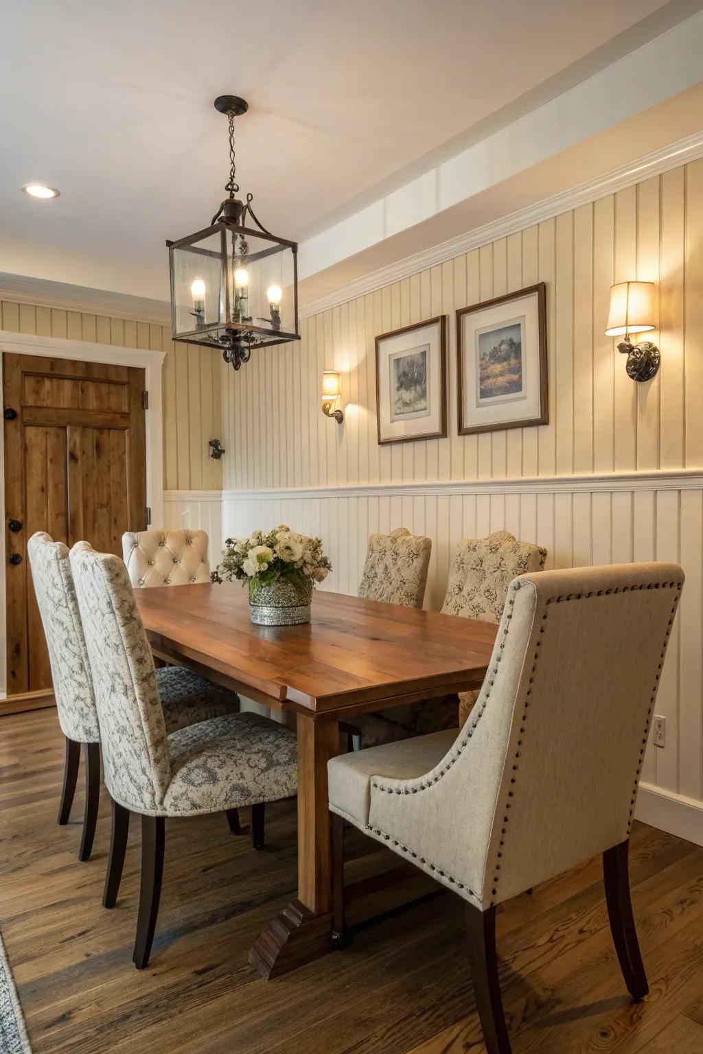 A paneled feature wall enriches dining rooms with texture.