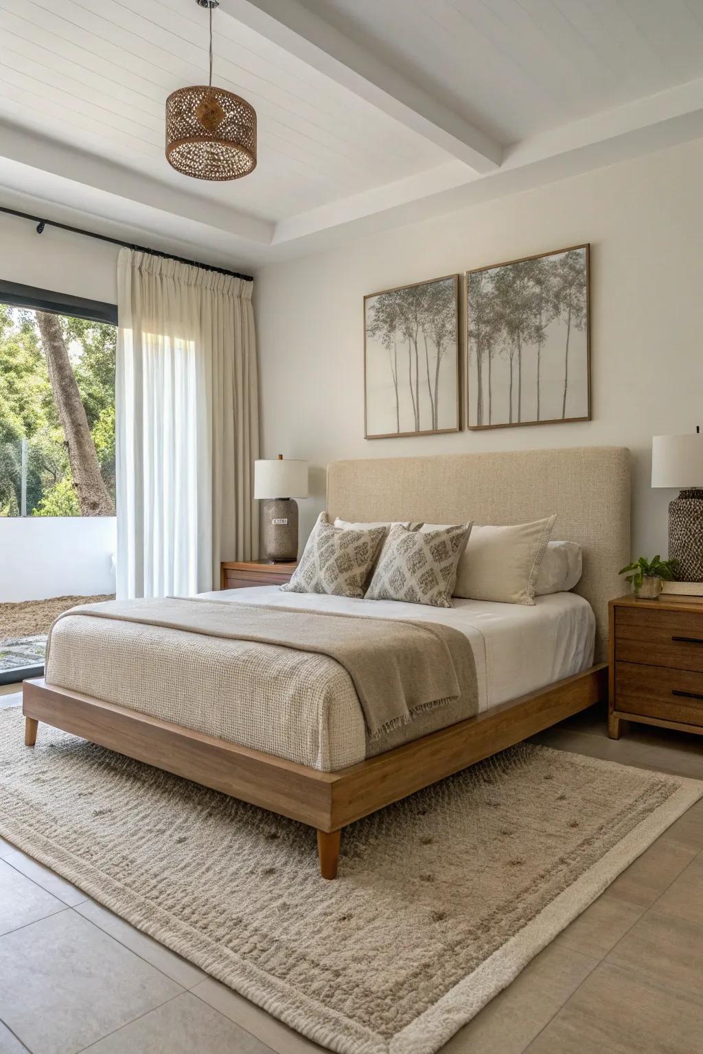 A slat bed provides simplicity and sophistication, eliminating the need for a bed skirt.