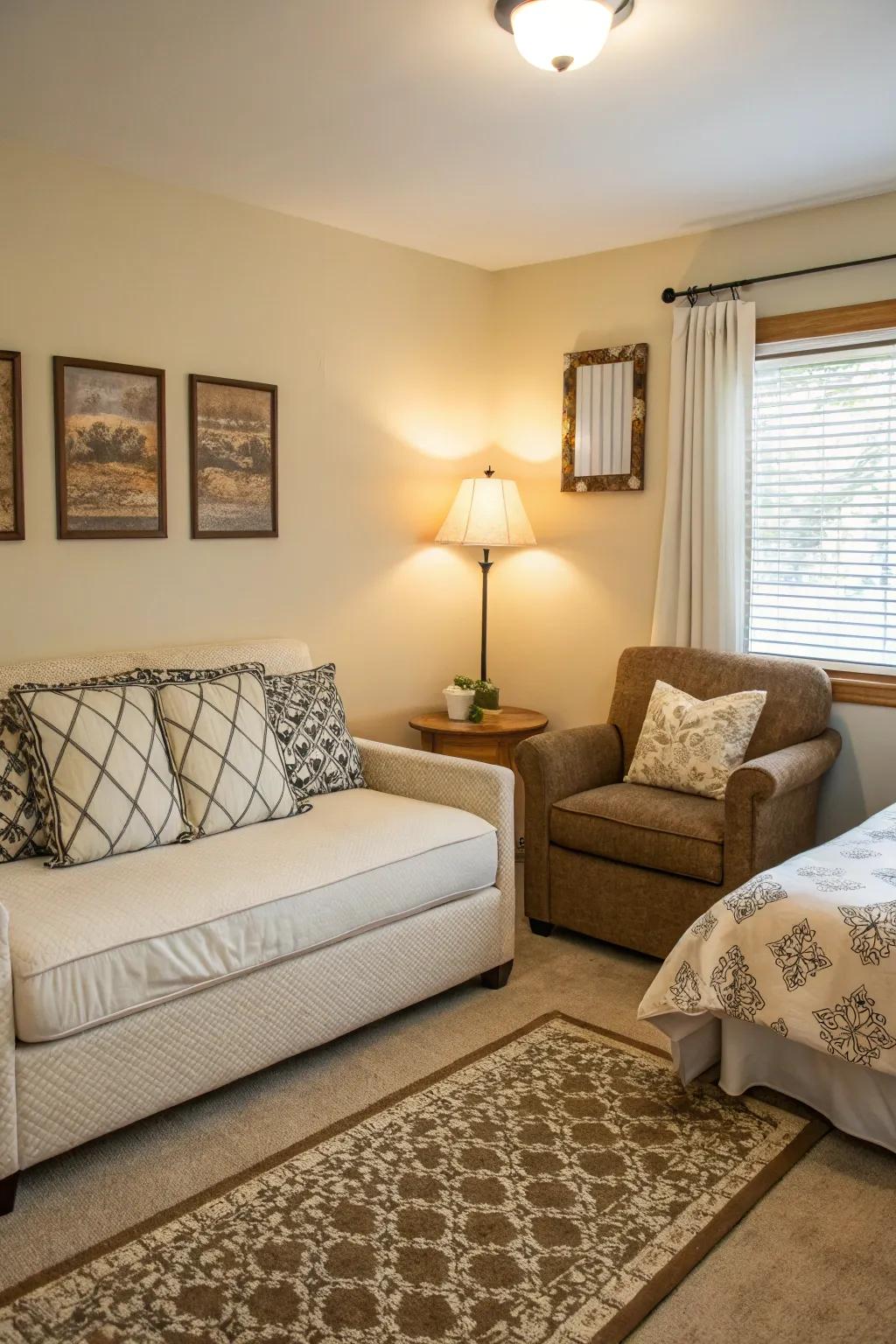 A compact bedroom elevated by the presence of an intimate settee, engendering an aura of pure relaxation and visual harmony.