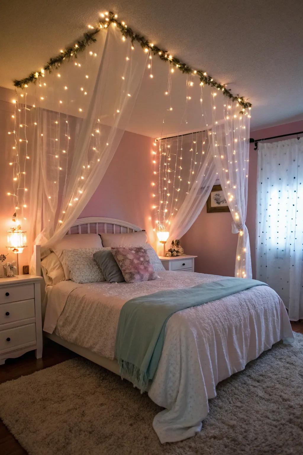 Sparkle lights bring a warm and magical ambiance to this inviting bedroom.