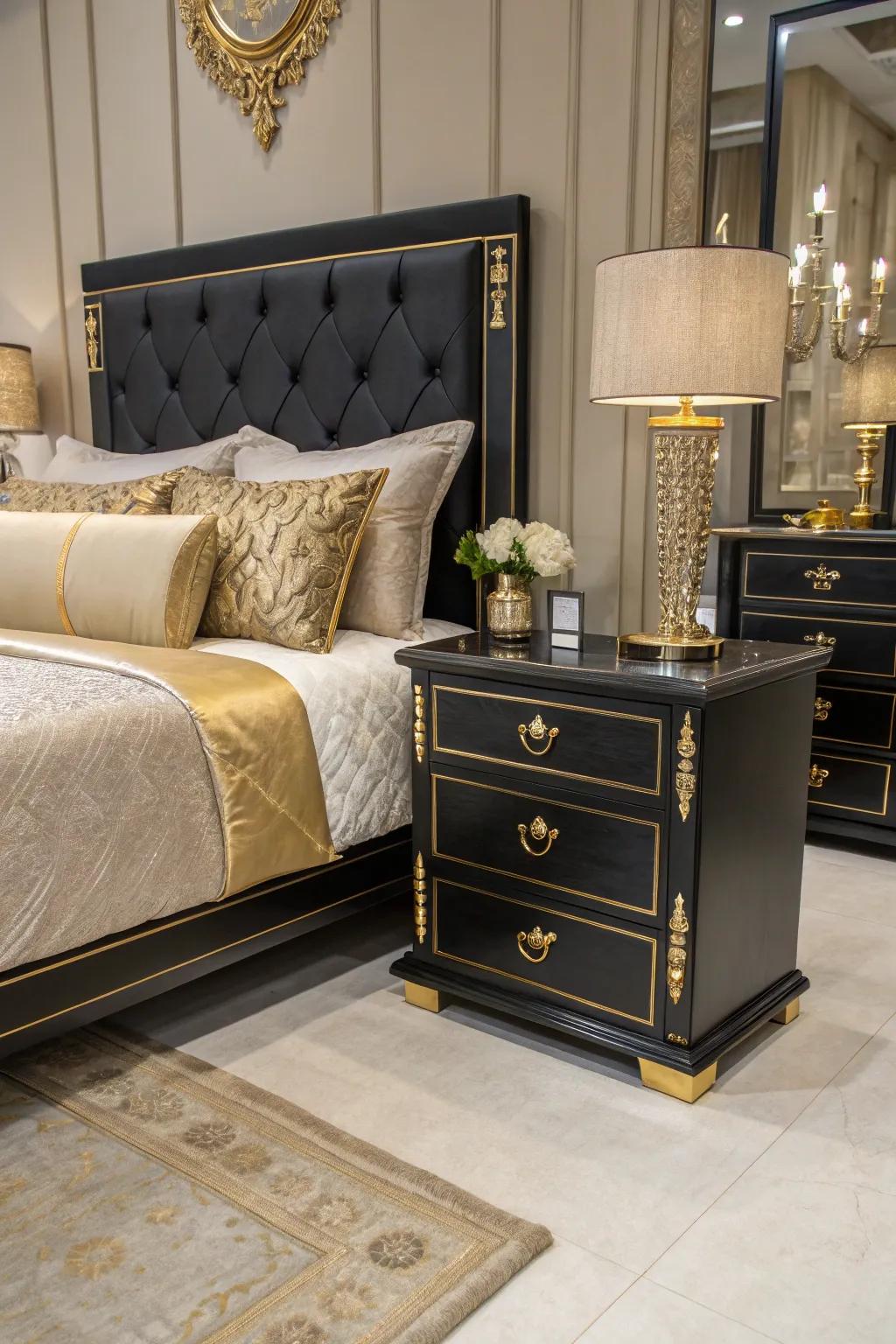 Gleaming gold touches add a luxurious vibe to a bedroom featuring ebony furniture.