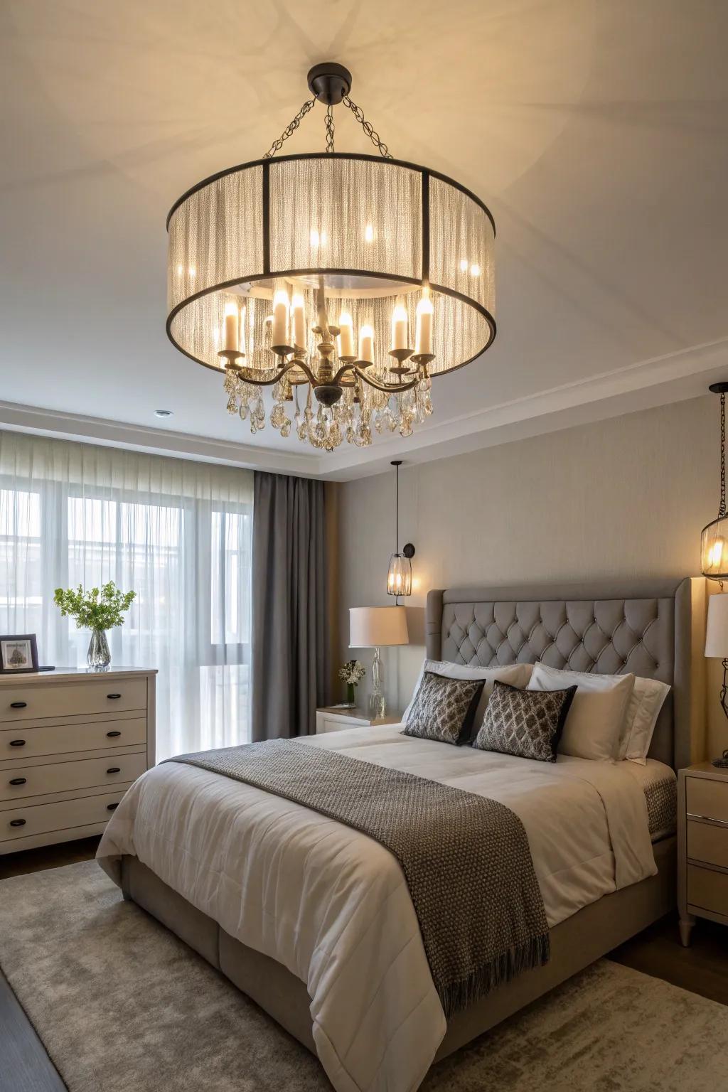 A bedroom reinvented by the splendor of a statement overhead light.