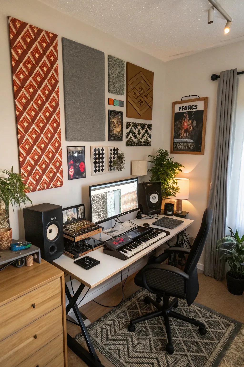 Acoustic panels offer both sound management and aesthetic value in a home studio.