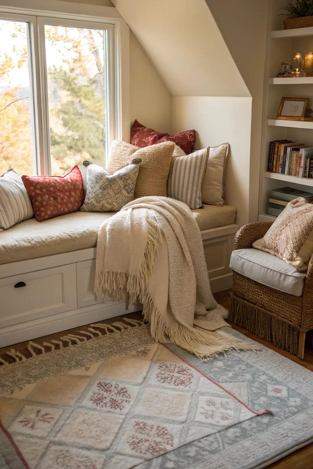 A cozy, textile-rich bedroom nook with pillows, blankets, and a soft rug.