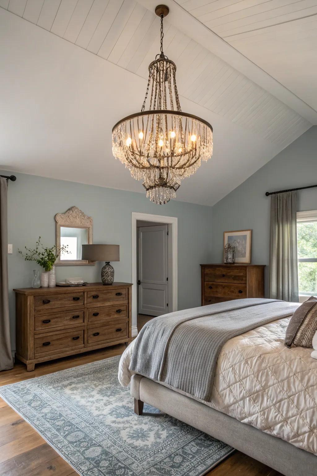 A statement chandelier makes a striking impression in this bedroom.