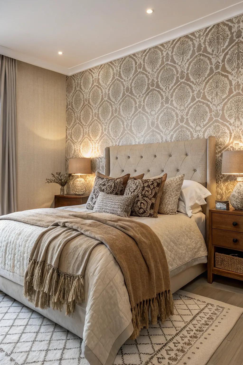 Rough-feel wallpaper adds depth and warmth.