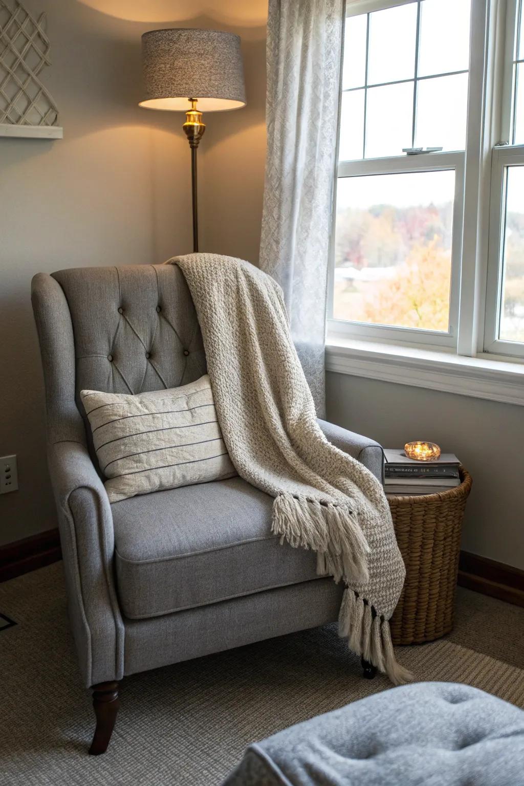 A cozy corner featuring textured grey upholstery.
