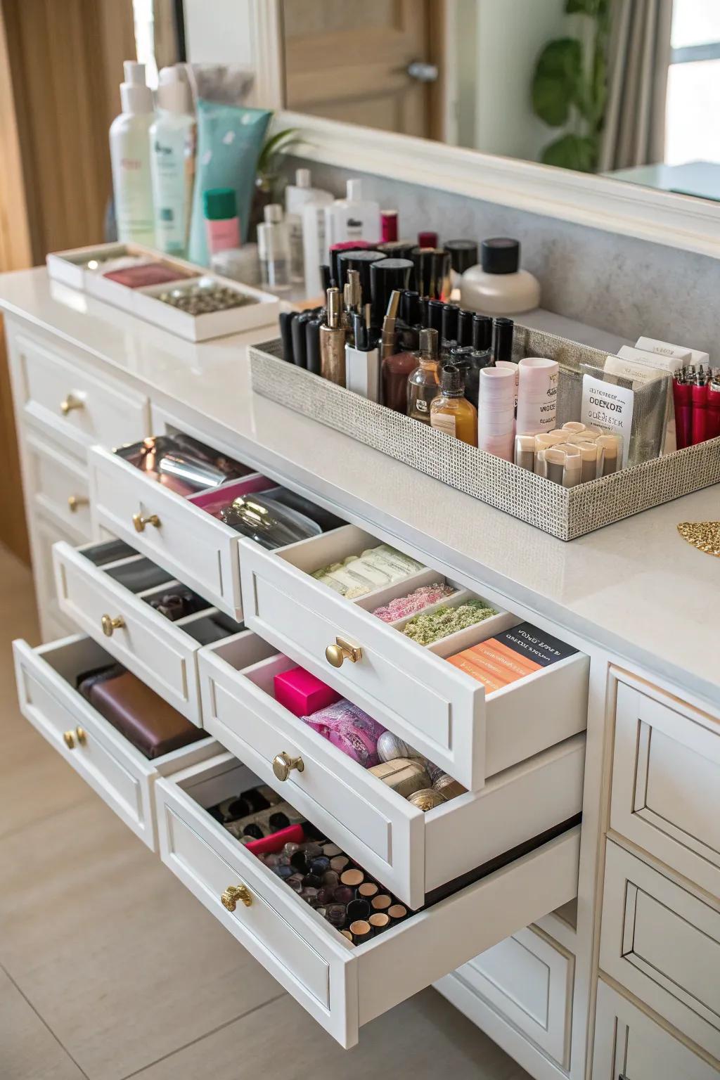 A storage-proficient vanity ensuring everything occupies its designated spot.
