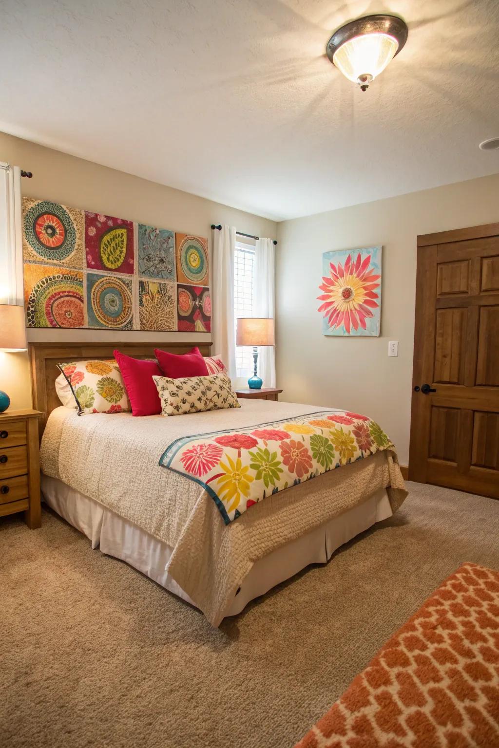 Lively highlights give life to this bedroom by creating an eye catching difference with the cream-colored carpet.