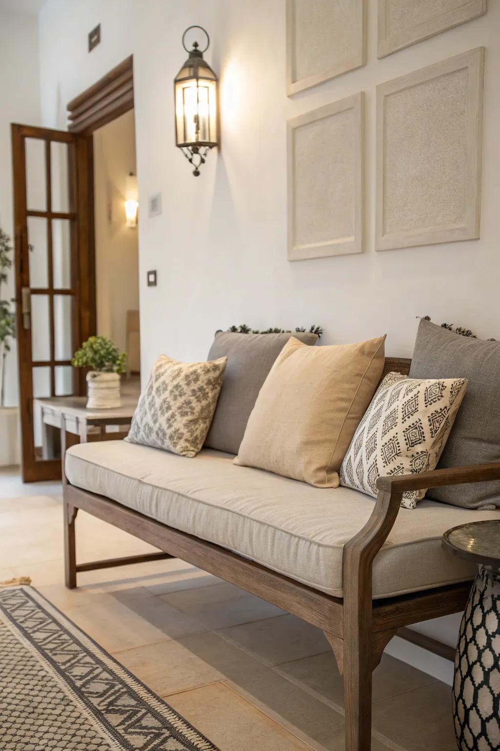 Neutral tones propose a serene and versatile cushion option.