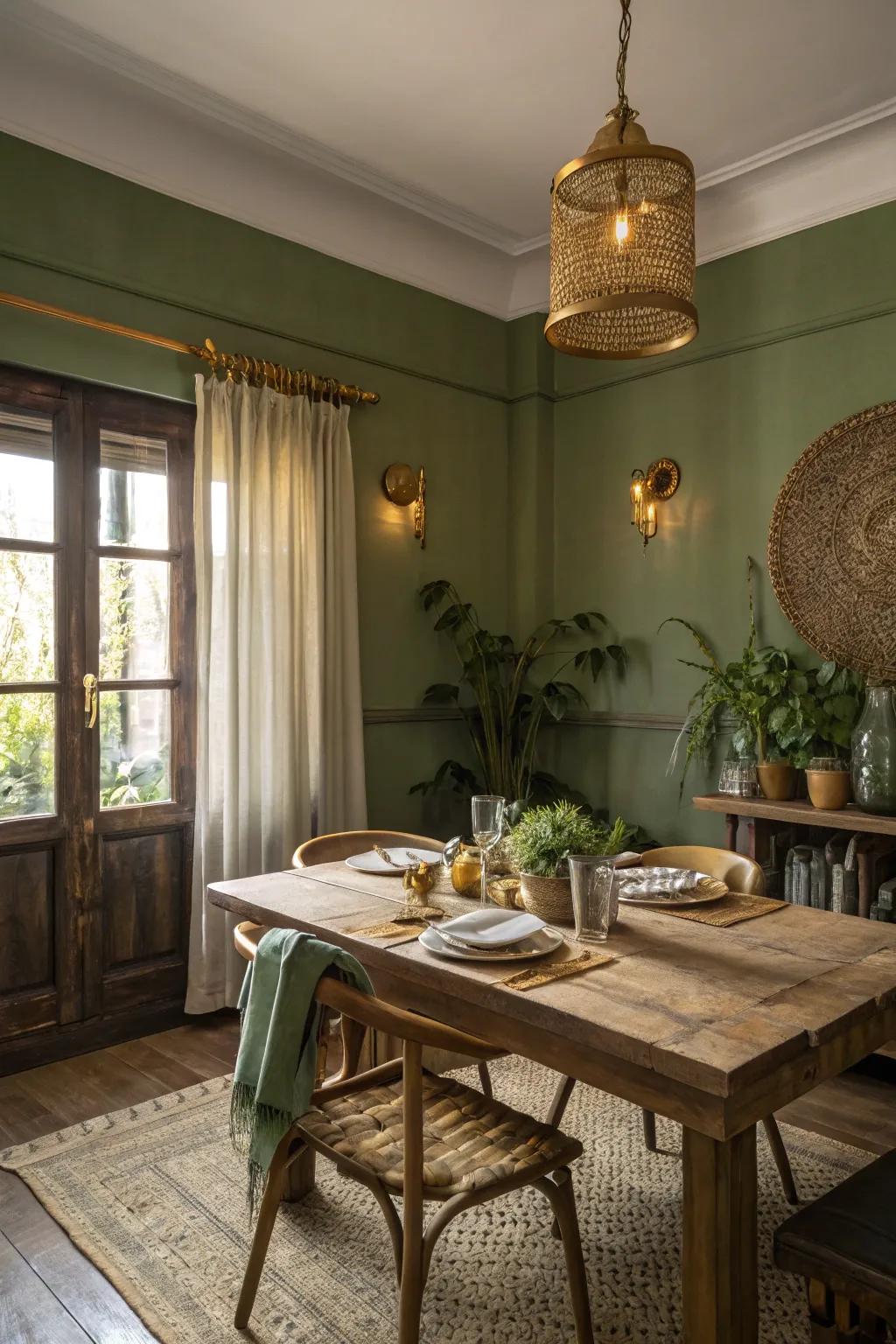 An elegant dining space featuring olive green walls.