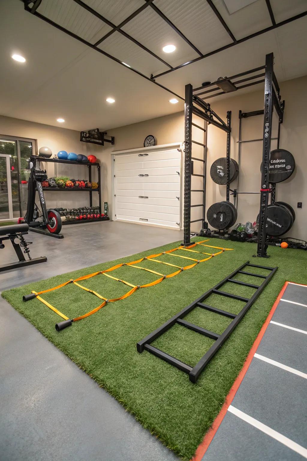 Artificial turf adds a vibrant and functional touch for agility training.
