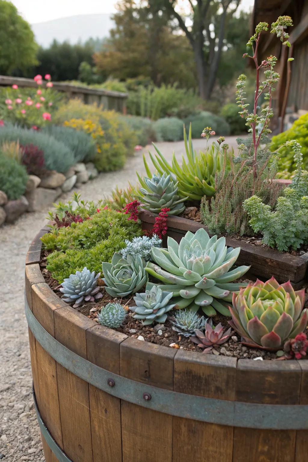 A striking array of xeric plants growing in an oak barrel.