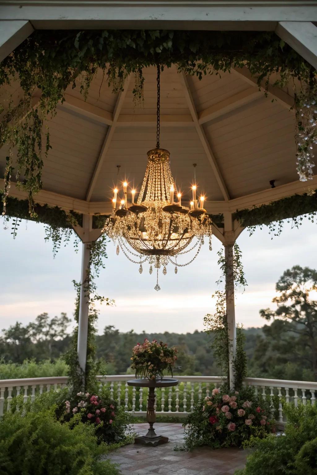A sunlit chandelier adds a semblance of refinement to any gazebo arrangement.